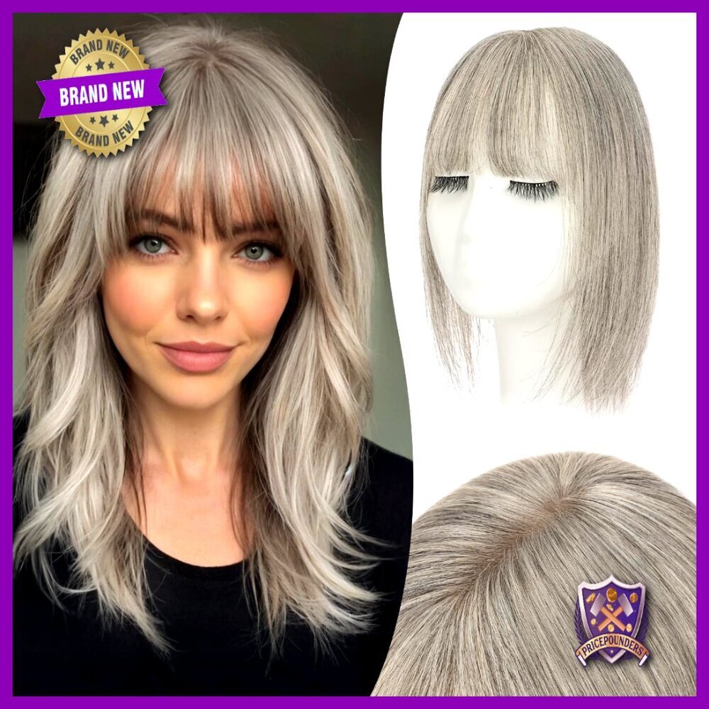 Human Hair Topper with Bangs Clip-In Hairpiece for Thinning Hairline Lightweight